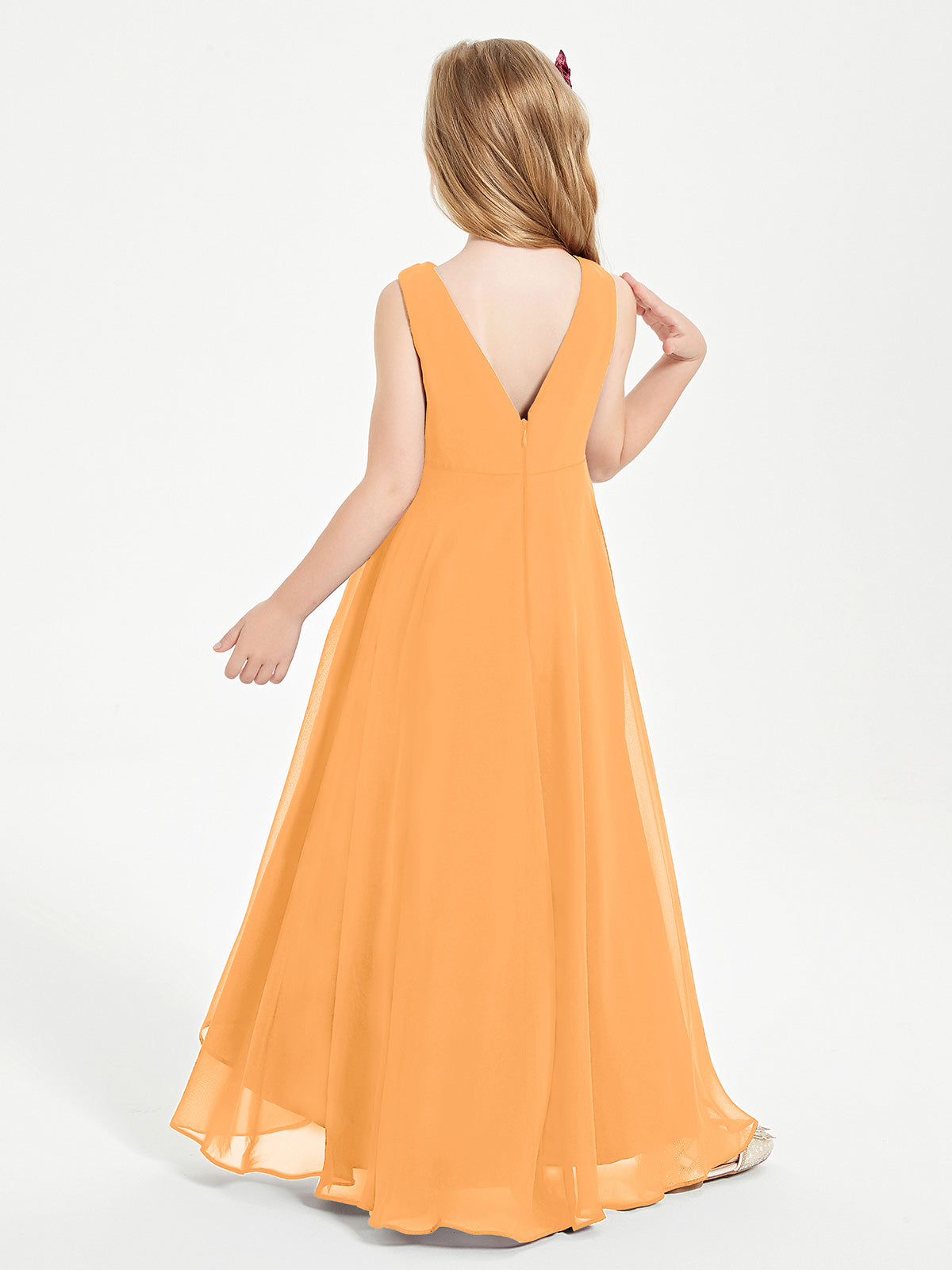 Modern Asymmetrical Cowl Neck Junior Bridesmaid Dresses Tangerine